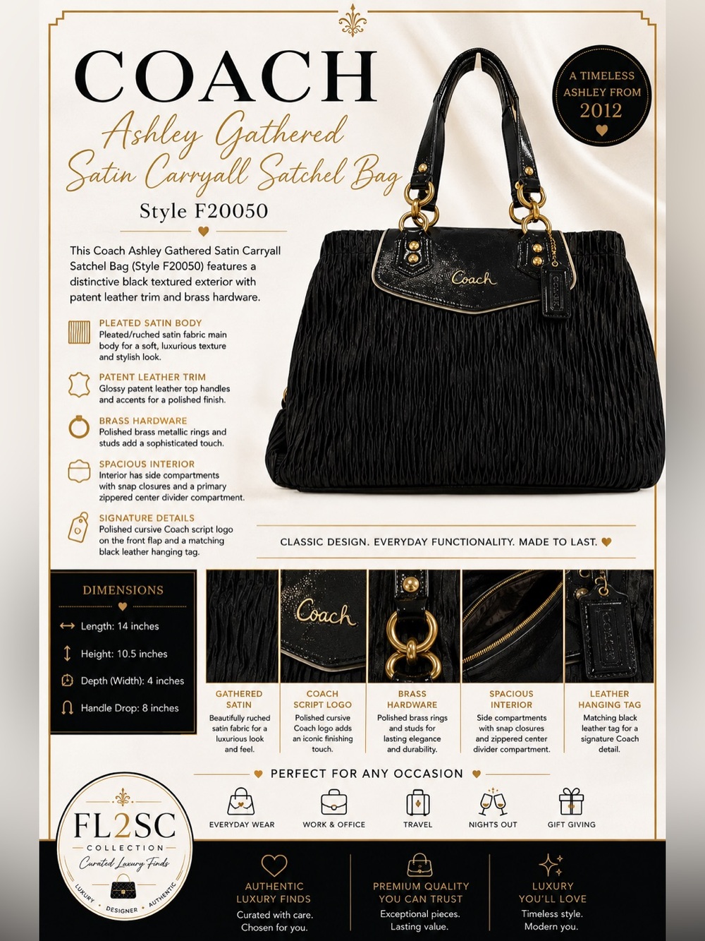 Coach Ashley Gathered Satin Satchel — Black - Picture 3 of 9